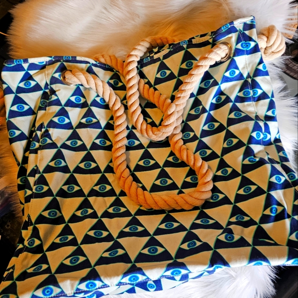 Blue Geometric Pattern Tote Bag with Rope Handles,Beach Bag,evil Eye Print